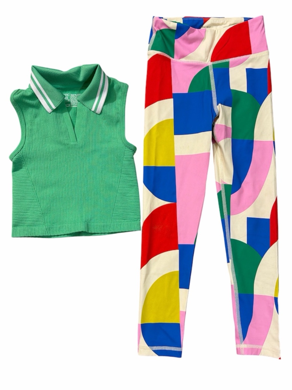 EEUC Hanna Anderson Multicolor Geometric Leggings & Green Ribbed Polo Top 6/7